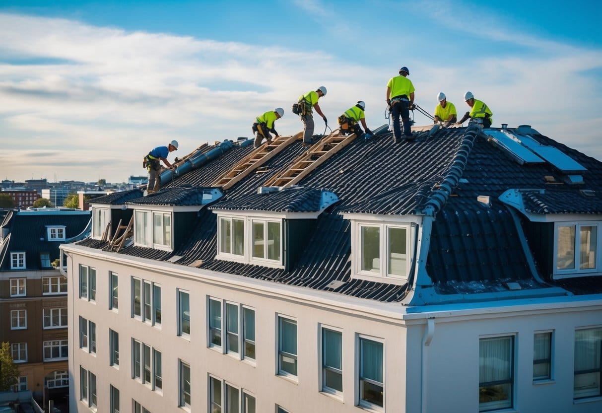 A team of workers repairing a Copenhagen apartment buildings roof showcasing the citys urban landscape and the potential for sustainable renovation